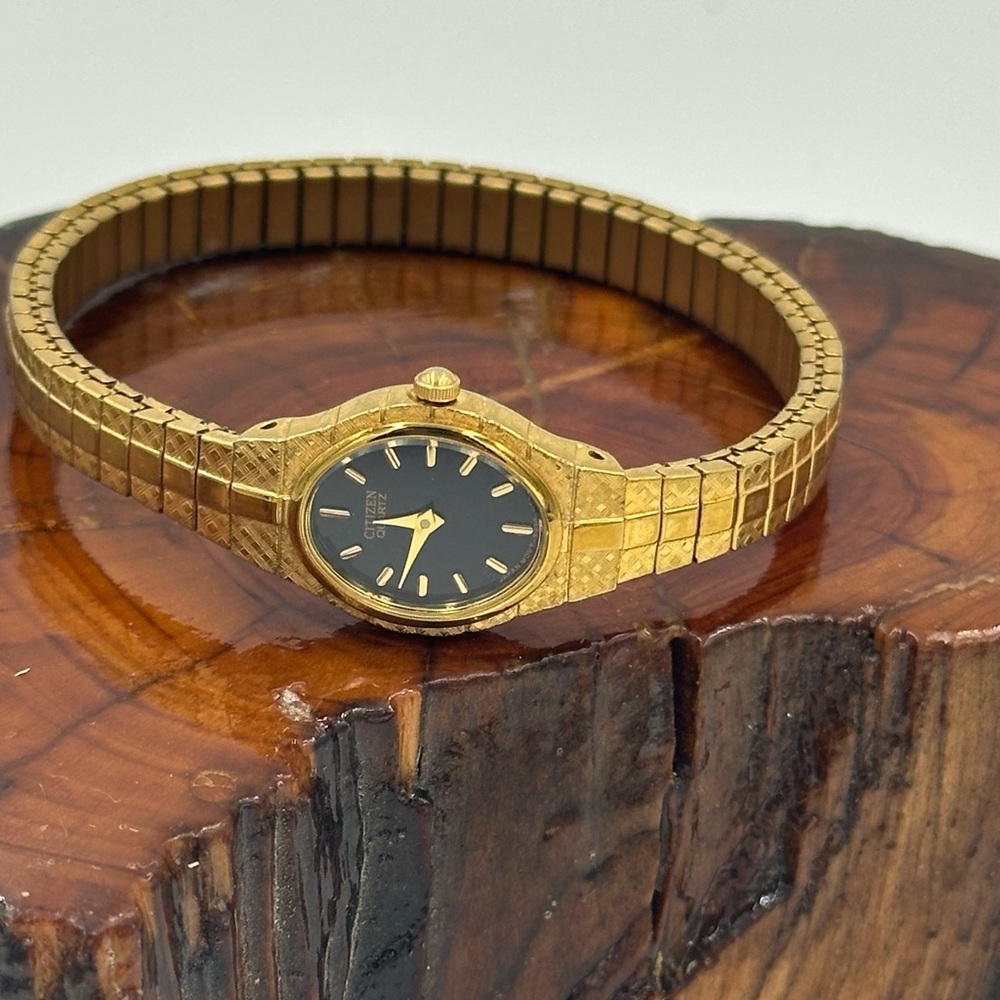 Citizens Ladies Stretch Gold-Tone Bracelet Watch with Black Dial Needs battery😊